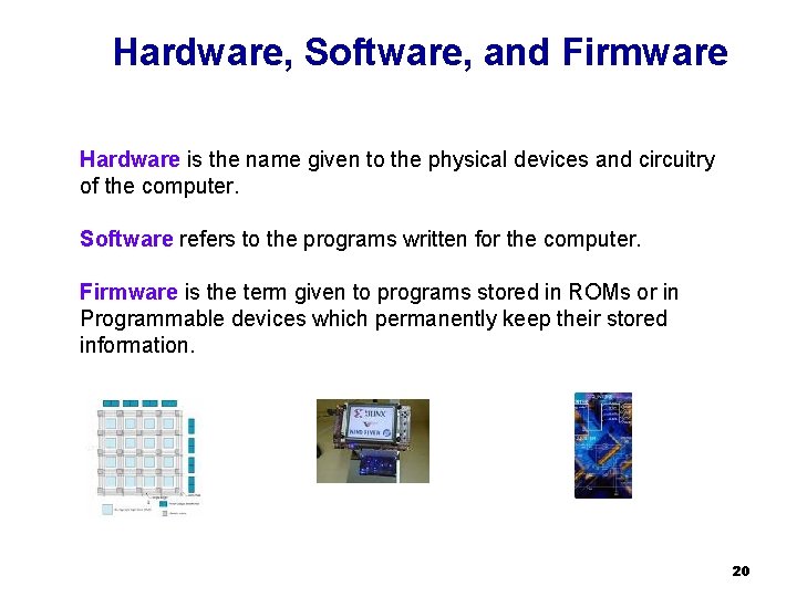 Hardware, Software, and Firmware Hardware is the name given to the physical devices and
