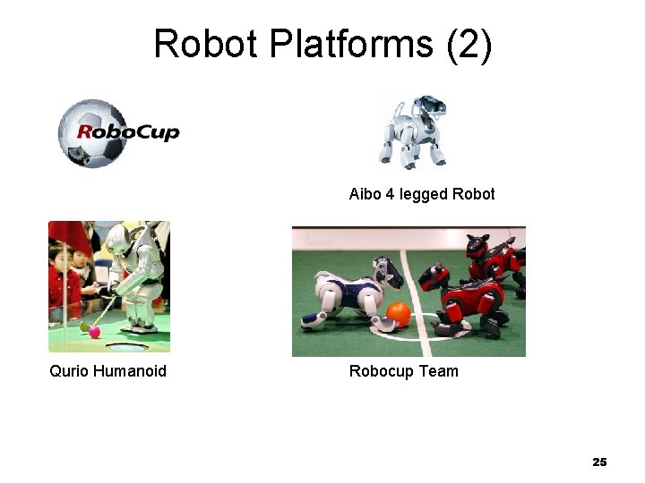 Robot Platforms (2) Aibo 4 legged Robot Qurio Humanoid Robocup Team 25 