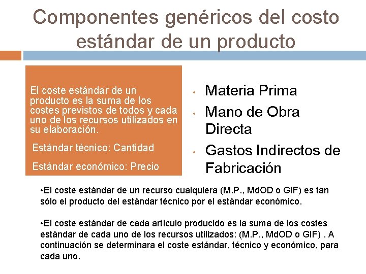 Componentes genéricos del costo estándar de un producto El coste estándar de un producto