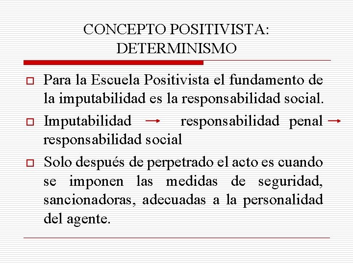 CONCEPTO POSITIVISTA: DETERMINISMO o o o Para la Escuela Positivista el fundamento de la