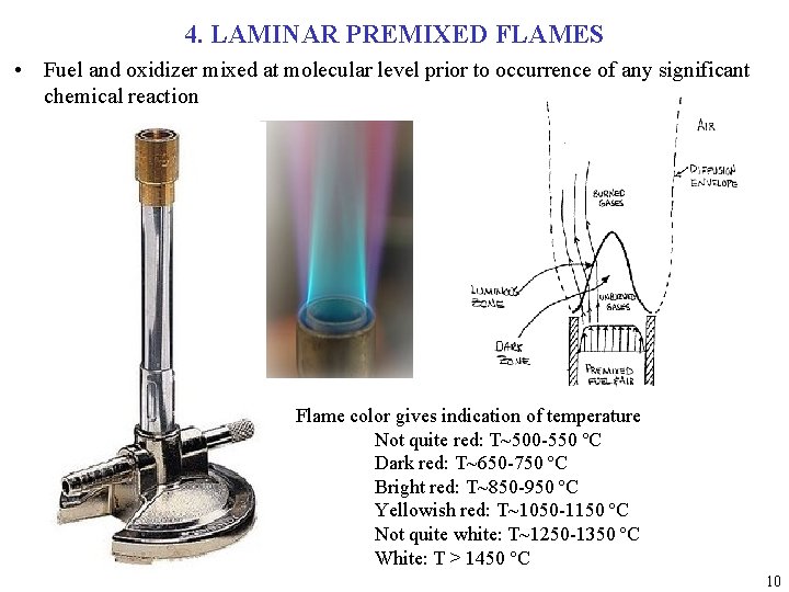 4. LAMINAR PREMIXED FLAMES • Fuel and oxidizer mixed at molecular level prior to