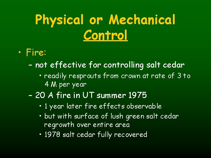 Physical or Mechanical Control • Fire: – not effective for controlling salt cedar •