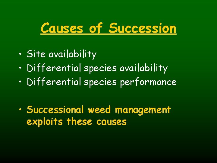 Causes of Succession • Site availability • Differential species performance • Successional weed management
