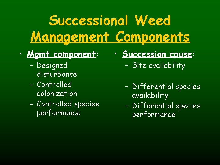 Successional Weed Management Components • Mgmt component: – Designed disturbance – Controlled colonization –