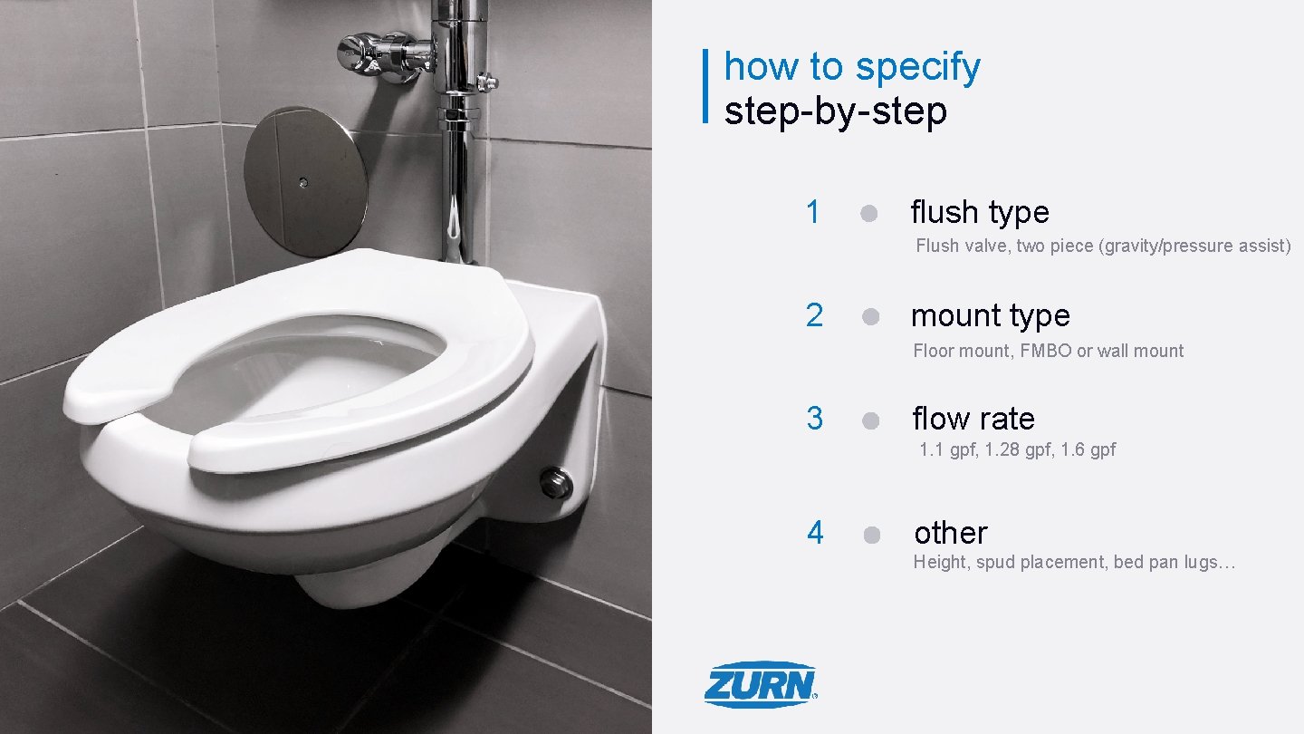 how to specify step-by-step 1 flush type Flush valve, two piece (gravity/pressure assist) 2