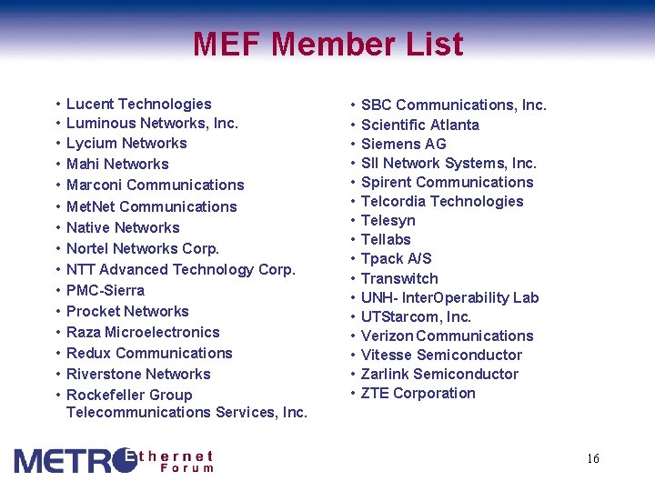 MEF Member List • • • • Lucent Technologies Luminous Networks, Inc. Lycium Networks