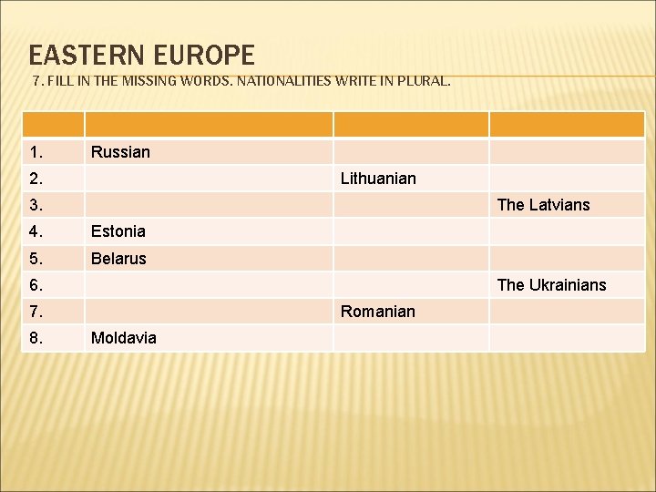 EASTERN EUROPE 7. FILL IN THE MISSING WORDS. NATIONALITIES WRITE IN PLURAL. 1. Russian