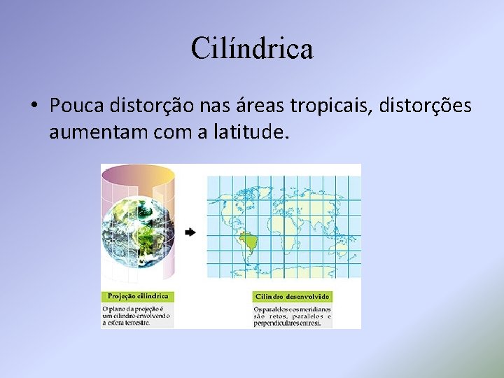 Cilíndrica • Pouca distorção nas áreas tropicais, distorções aumentam com a latitude. 