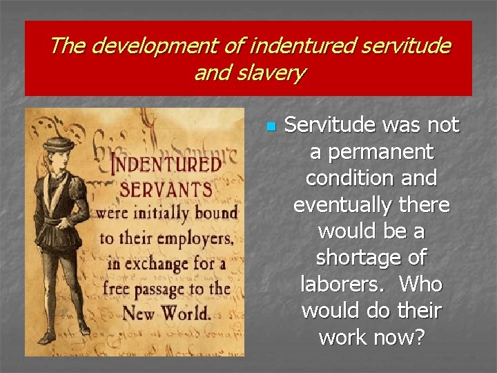 The development of indentured servitude and slavery n Servitude was not a permanent condition