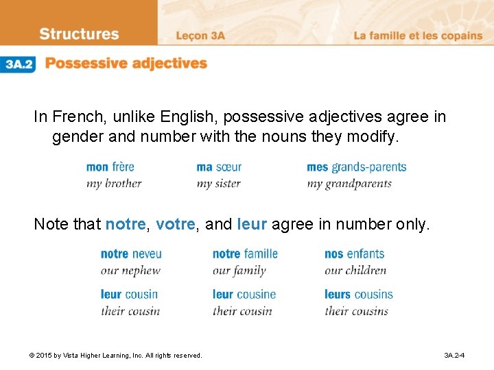 In French, unlike English, possessive adjectives agree in gender and number with the nouns