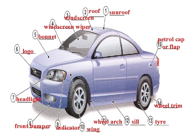 roof windscreen wiper sunroof bonnet petrol cap or flap logo headlight front bumper indicator