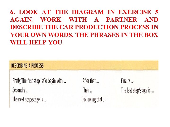 6. LOOK AT THE DIAGRAM IN EXERCISE 5 AGAIN. WORK WITH A PARTNER AND