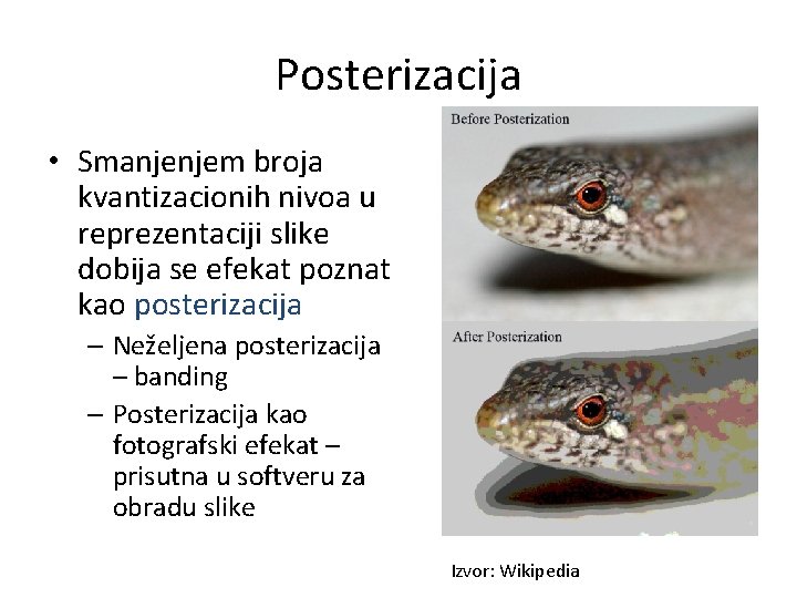 Posterizacija • Smanjenjem broja kvantizacionih nivoa u reprezentaciji slike dobija se efekat poznat kao