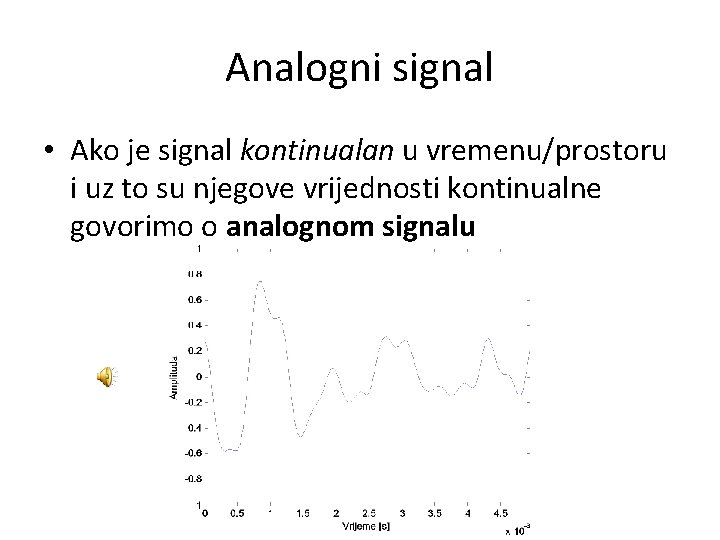 Analogni signal • Ako je signal kontinualan u vremenu/prostoru i uz to su njegove