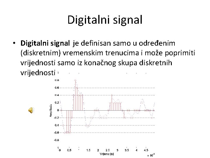 Digitalni signal • Digitalni signal je definisan samo u određenim (diskretnim) vremenskim trenucima i
