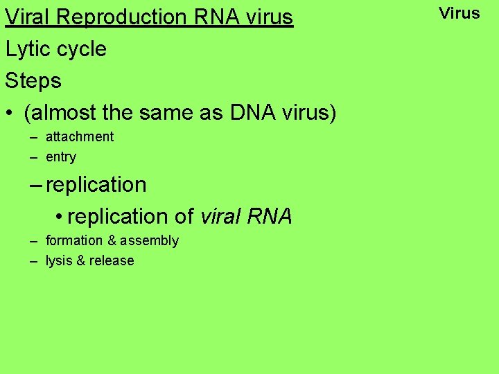 Viral Reproduction RNA virus Lytic cycle Steps • (almost the same as DNA virus)