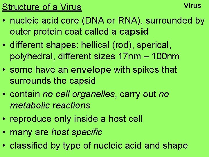 Virus Structure of a Virus • nucleic acid core (DNA or RNA), surrounded by