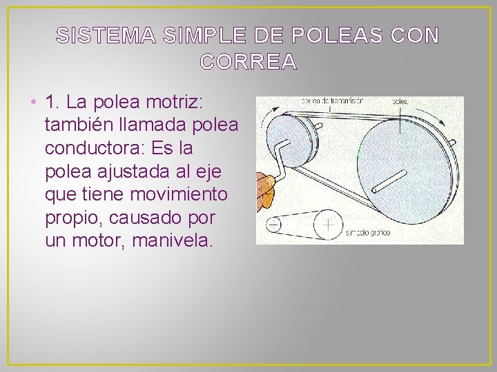 SISTEMA SIMPLE DE POLEAS CON CORREA • 1. La polea motriz: también llamada polea