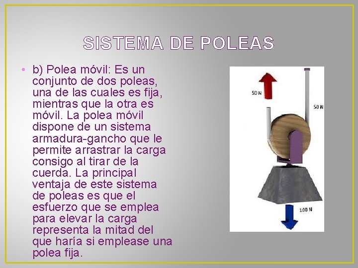 SISTEMA DE POLEAS • b) Polea móvil: Es un conjunto de dos poleas, una