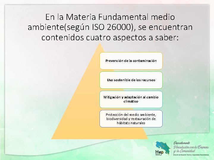 En la Materia Fundamental medio ambiente(según ISO 26000), se encuentran contenidos cuatro aspectos a