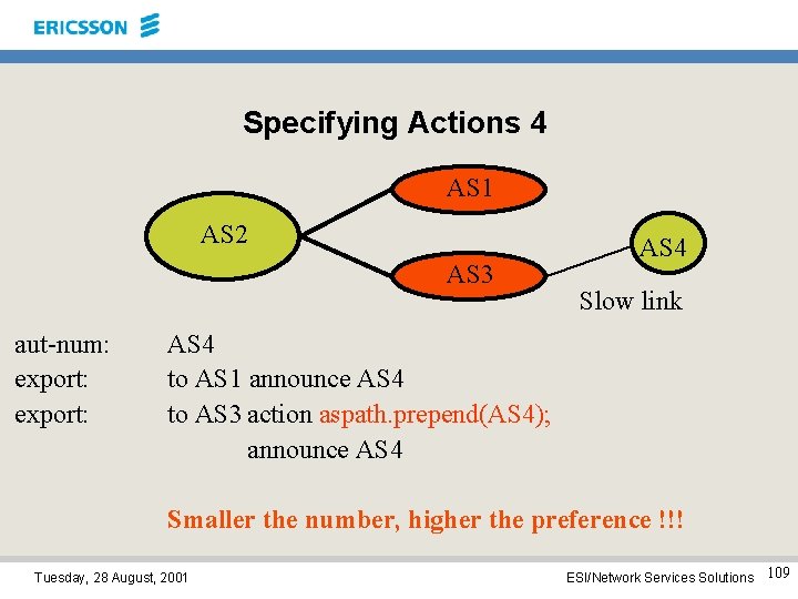 Specifying Actions 4 AS 1 AS 2 AS 3 aut-num: export: AS 4 Slow