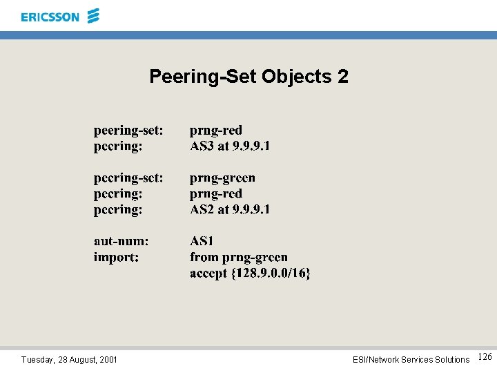 Peering-Set Objects 2 Tuesday, 28 August, 2001 ESI/Network Services Solutions 126 