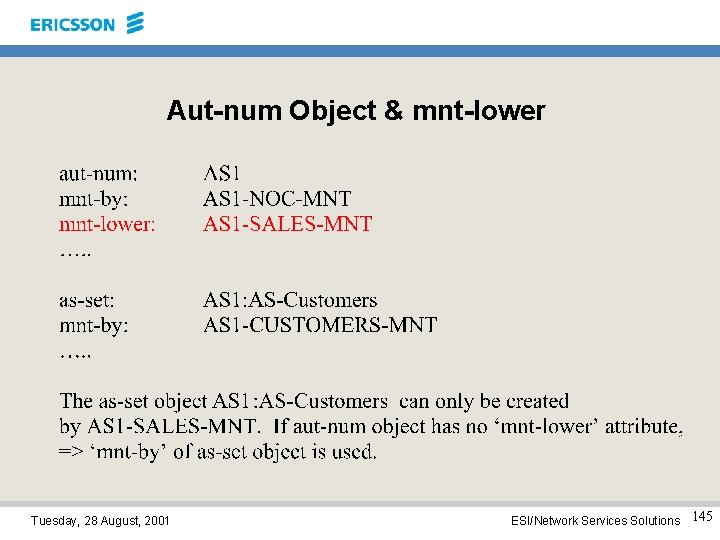 Aut-num Object & mnt-lower Tuesday, 28 August, 2001 ESI/Network Services Solutions 145 