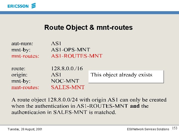 Route Object & mnt-routes Tuesday, 28 August, 2001 ESI/Network Services Solutions 153 