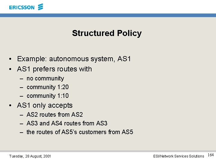 Structured Policy • Example: autonomous system, AS 1 • AS 1 prefers routes with