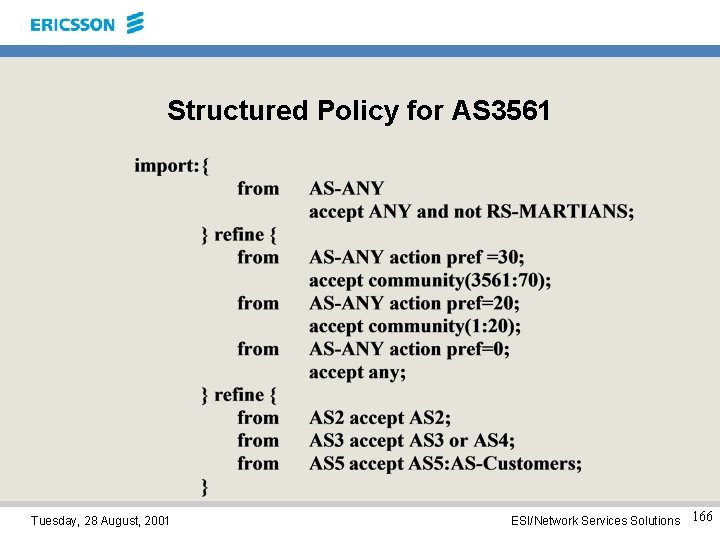 Structured Policy for AS 3561 Tuesday, 28 August, 2001 ESI/Network Services Solutions 166 