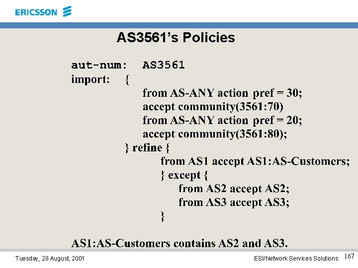 AS 3561’s Policies Tuesday, 28 August, 2001 ESI/Network Services Solutions 167 