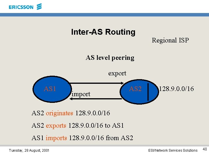 Inter-AS Routing Regional ISP AS level peering export AS 1 import AS 2 128.