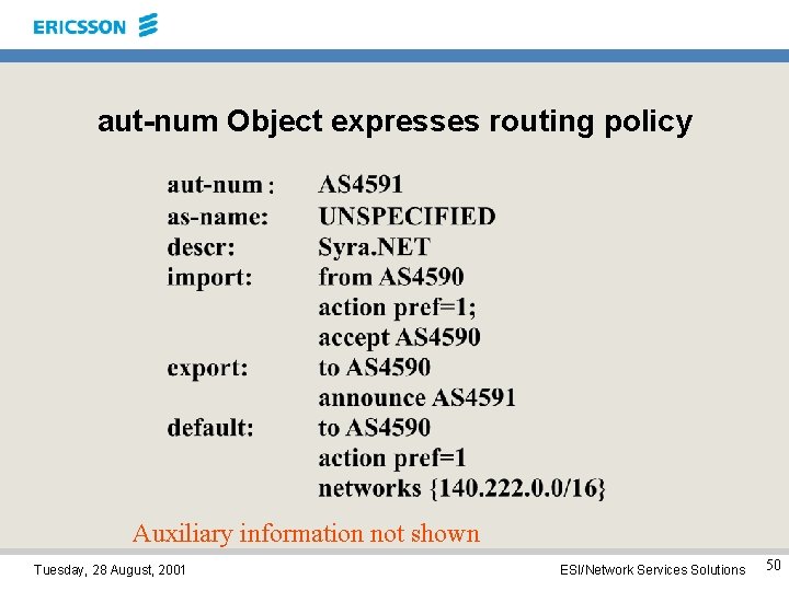 aut-num Object expresses routing policy Auxiliary information not shown Tuesday, 28 August, 2001 ESI/Network