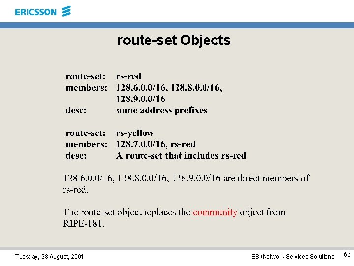 route-set Objects Tuesday, 28 August, 2001 ESI/Network Services Solutions 66 