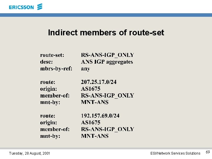 Indirect members of route-set Tuesday, 28 August, 2001 ESI/Network Services Solutions 69 