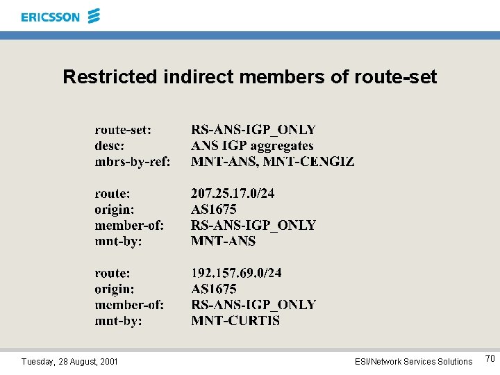 Restricted indirect members of route-set Tuesday, 28 August, 2001 ESI/Network Services Solutions 70 