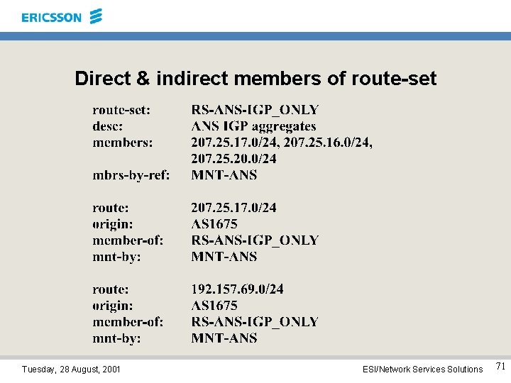 Direct & indirect members of route-set Tuesday, 28 August, 2001 ESI/Network Services Solutions 71