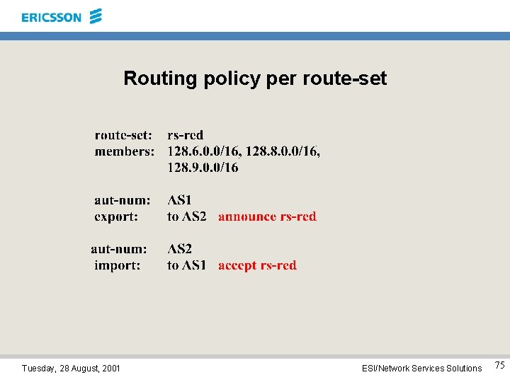 Routing policy per route-set Tuesday, 28 August, 2001 ESI/Network Services Solutions 75 