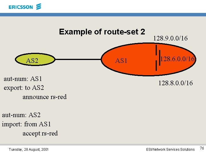 Example of route-set 2 AS 2 aut-num: AS 1 export: to AS 2 announce