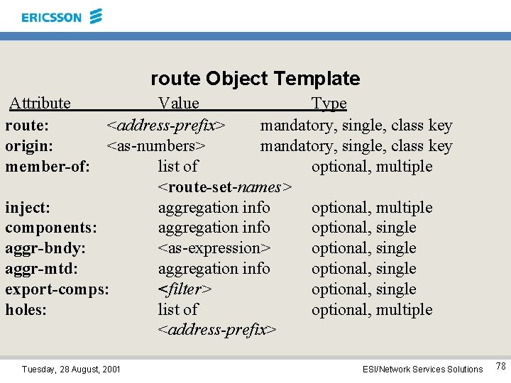 route Object Template Attribute Value Type route: <address-prefix> mandatory, single, class key origin: <as-numbers>