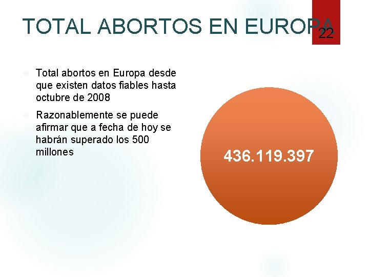 TOTAL ABORTOS EN EUROPA 22 Total abortos en Europa desde que existen datos fiables