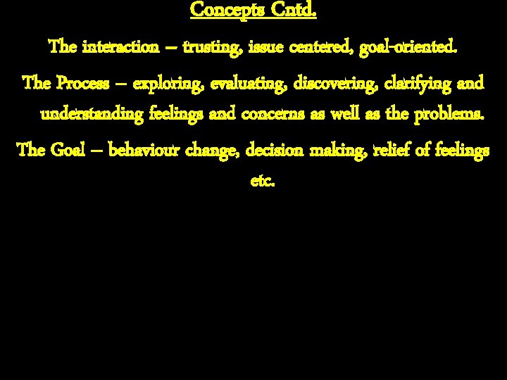 Concepts Cntd. The interaction – trusting, issue centered, goal-oriented. The Process – exploring, evaluating,