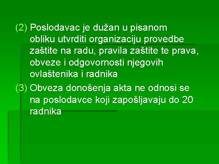 (2) Poslodavac je dužan u pisanom obliku utvrditi organizaciju provedbe zaštite na radu, pravila