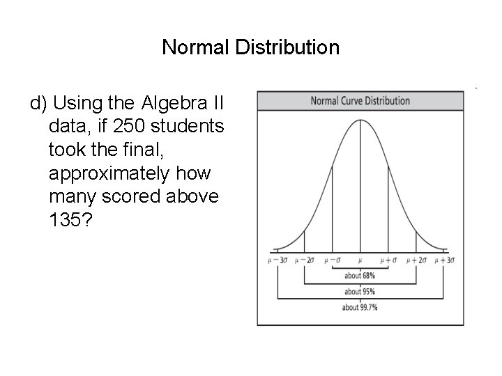 Normal Distribution d) Using the Algebra II data, if 250 students took the final,