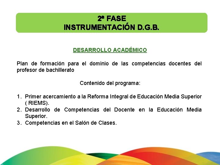 2ª FASE INSTRUMENTACIÓN D. G. B. DESARROLLO ACADÉMICO Plan de formación para el dominio 2ª FASE INSTRUMENTACIÓN D. G. B. DESARROLLO ACADÉMICO Plan de formación para el dominio