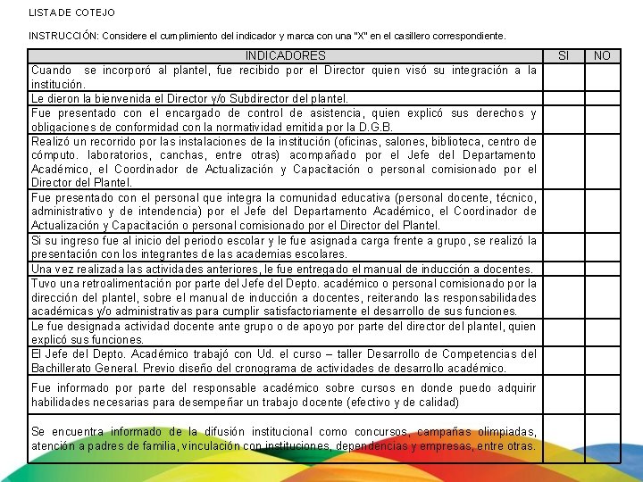 LISTA DE COTEJO INSTRUCCIÓN: Considere el cumplimiento del indicador y marca con una “X“