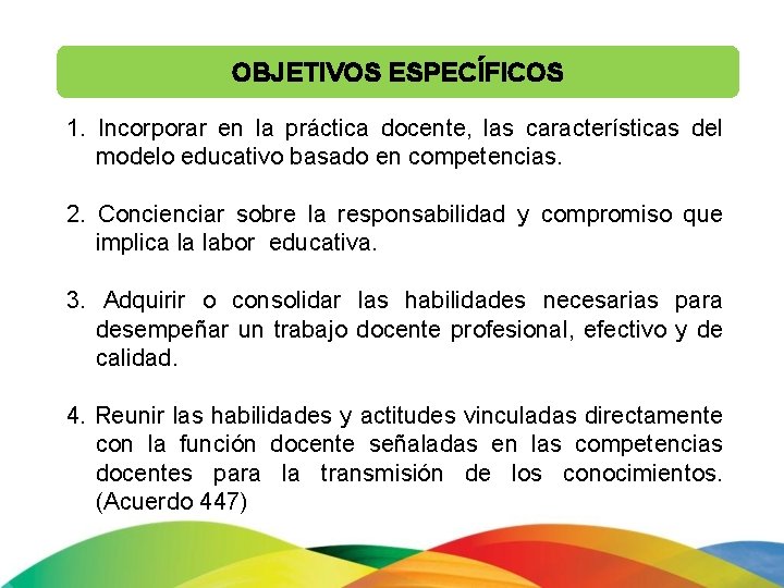 OBJETIVOS ESPECÍFICOS 1. Incorporar en la práctica docente, las características del modelo educativo basado