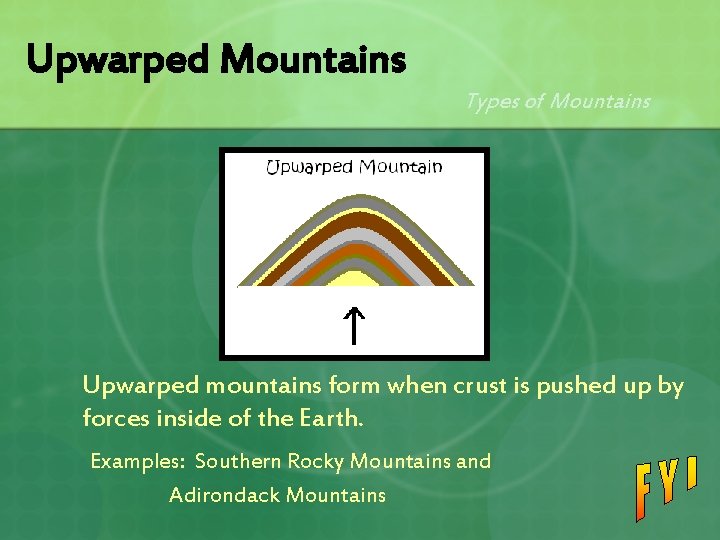 Upwarped Mountains Types of Mountains Upwarped mountains form when crust is pushed up by