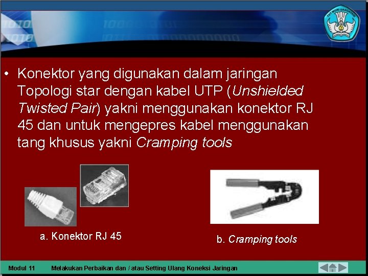  • Konektor yang digunakan dalam jaringan Topologi star dengan kabel UTP (Unshielded Twisted