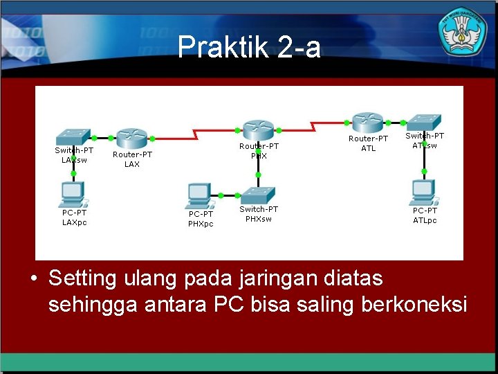 Praktik 2 -a • Setting ulang pada jaringan diatas sehingga antara PC bisa saling